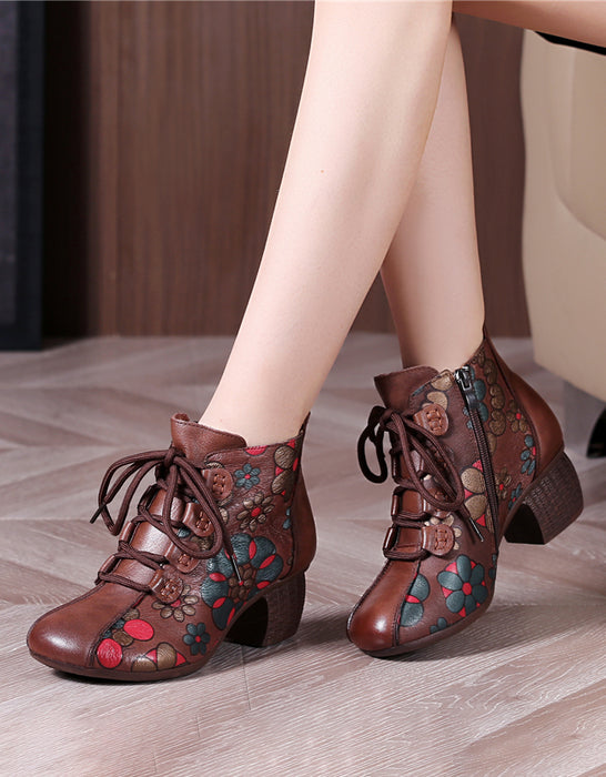 Chinese Style Flower Printed Leather Chunky Boots Sep Shoes Collection 2022 79.90