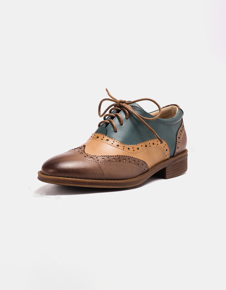 Real Leather Three Tone Lace-up Brogue Oxford Shoes Women 37 / Green Real Leather Three Tone Lace-up Brogue Oxford Shoes Women 37 / Green