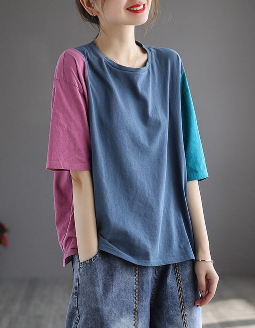 Color Stitching Loose Casual Cotton T-shirt Accessories 38.80