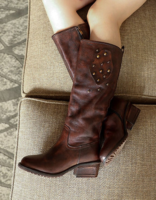 Cowhide Handmade Retro Leather Long Boots Winter