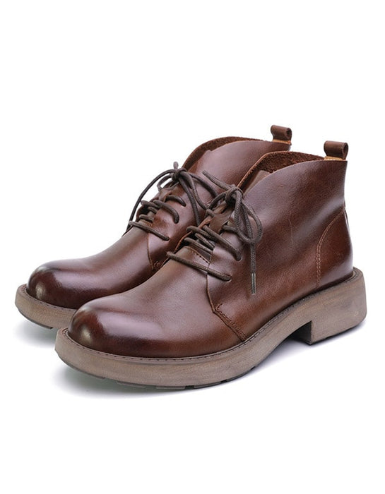Cowhide Lace-up Autumn Leather Ankle Boots