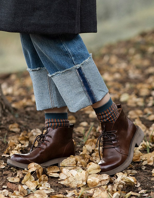 靴 OPEN THE DOOR cow hide ankle boots Cowhide Lace-up Autumn Leather Ankle Boots — Obiono
