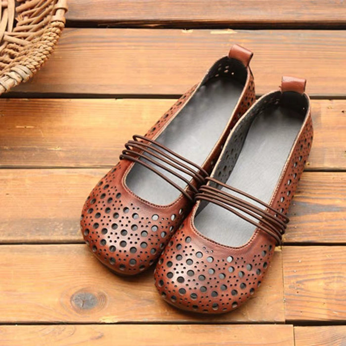 Cowhide Leather Hollow Summer Retro Flat Shoes