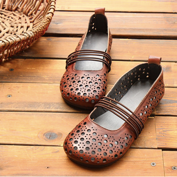 Cowhide Leather Hollow Summer Retro Flat Shoes