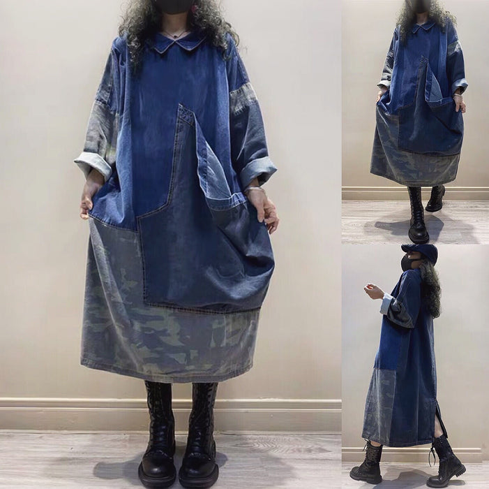 Stitching Large Pockets Loose Hooded Denim Overall Dress New arrivals Women's Clothing 73.20