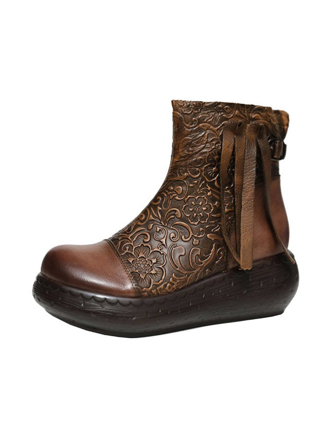 Embossing Handmade Leather Retro Ankle Wedge Boots — Obiono
