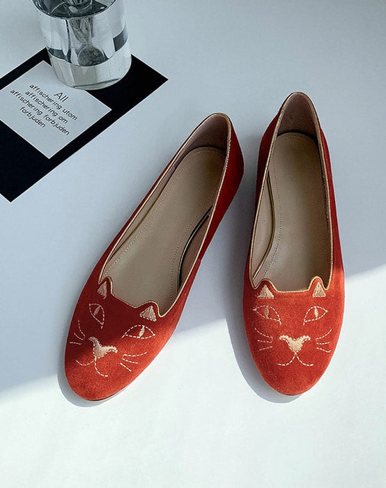 Embroidered Cat Suede Round Head Comfortable Flats
