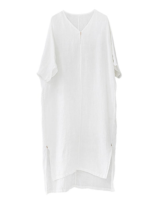 Embroidered Loose V-neck White Linen Dress New arrivals Women's Clothing 67.70