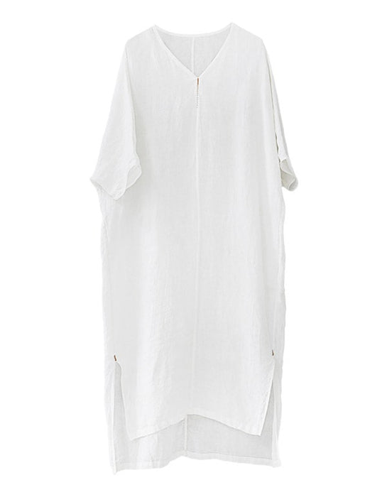 Embroidered Loose V-neck White Linen Dress L / White Embroidered Loose V-neck White Linen Dress L / White