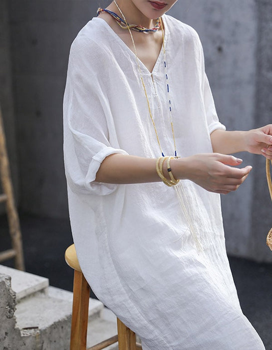 Embroidered Loose V-neck White Linen Dress Obiono Embroidered Loose V-neck White Linen Dress Obiono