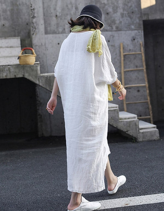 Embroidered Loose V-neck White Linen Dress L / White Embroidered Loose V-neck White Linen Dress L / White