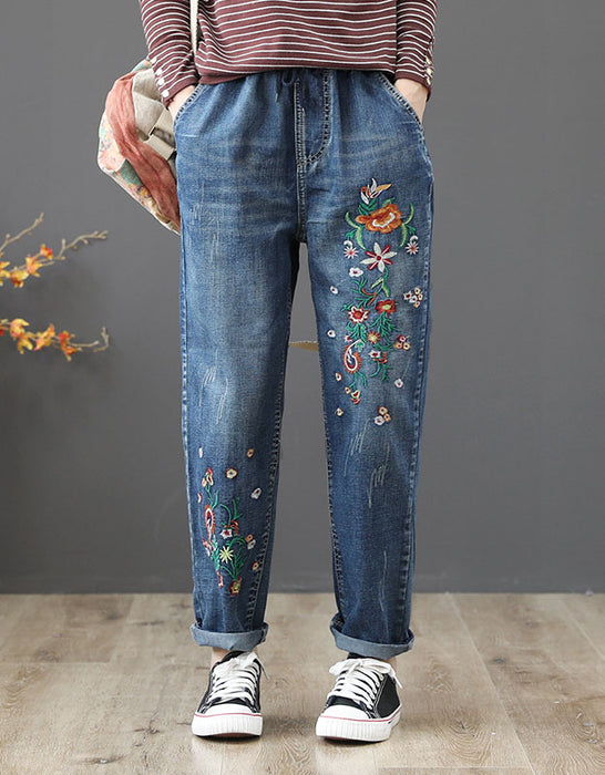 Embroidery Retro Loose Denim Pants — Obiono
