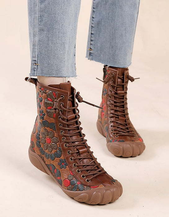 Ethnic Style Lace-up Flower Printed Leather Boots Sep Shoes Collection 2021 116.60