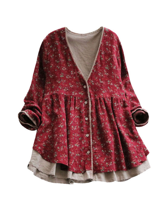 Fake-two-piece Loose Floral Long-sleeved Cardigan Accessories 58.00