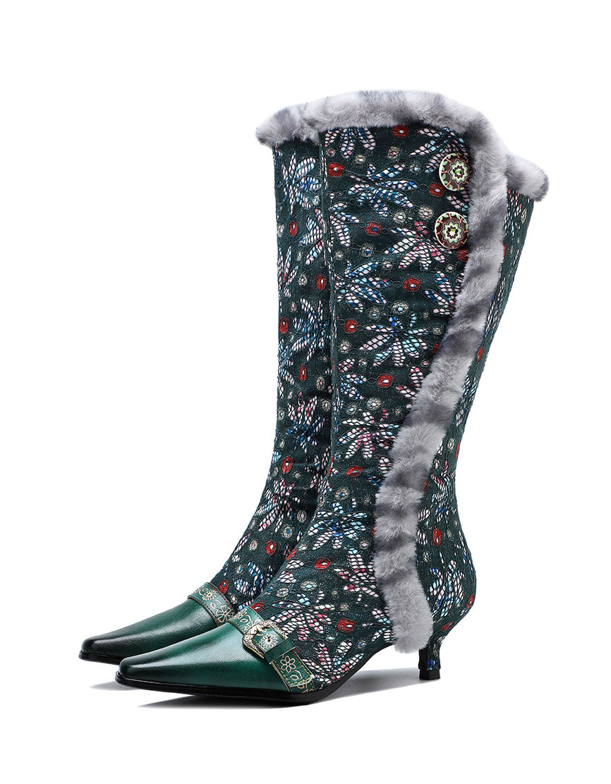 Fashionable Imitation Rabbit Hair Vintage Lace Long Boots — Obiono