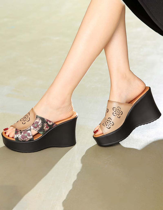 Ethnic Style Printed Leather Fish-Toe Wedge Slippers May Shoes Collection 2022 75.50