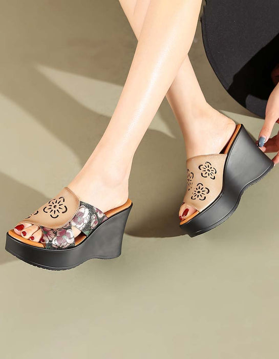 Ethnic Style Printed Leather Fish-Toe Wedge Slippers May Shoes Collection 2022 75.50