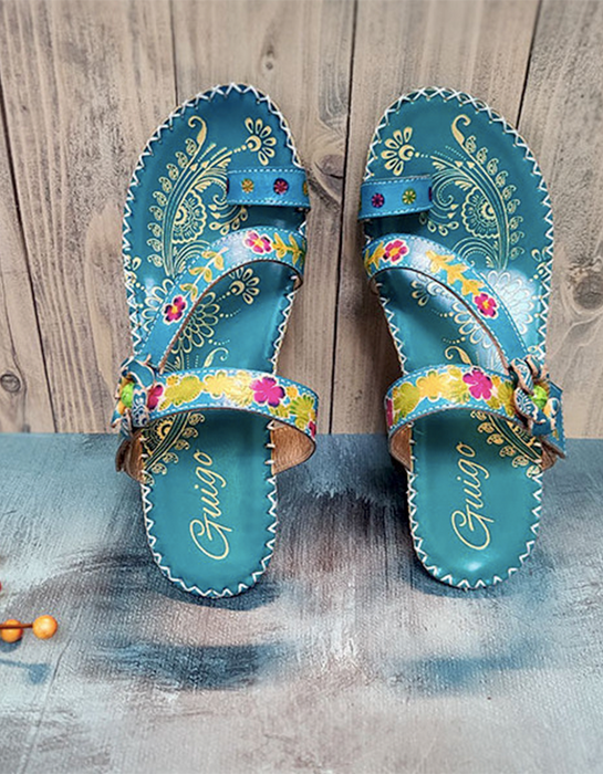 Flip-Flops Cowhide Ethnic Shoes Handmade Floral