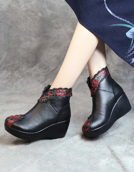 Flower Printed Ethnic Style Wedge Boots