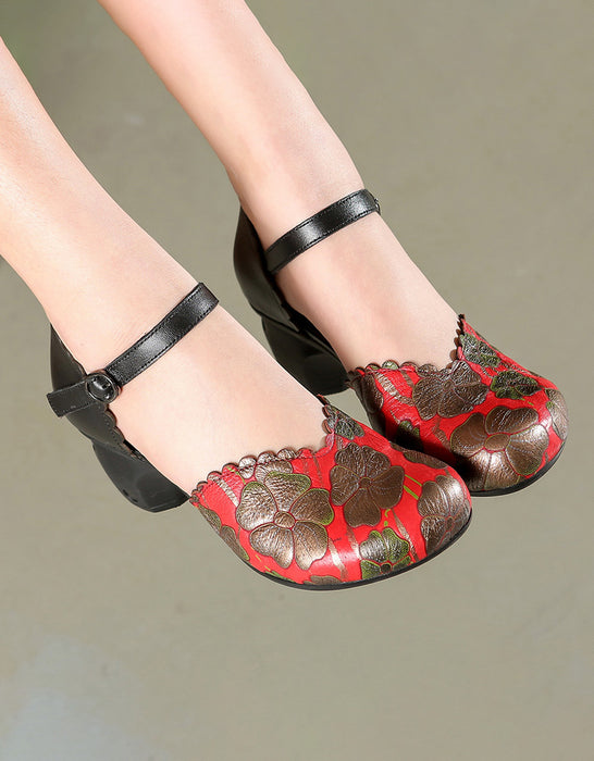 Flower Printed Leather Ankle Strap Chunky Heels Dec Shoes Collection 2022 79.00