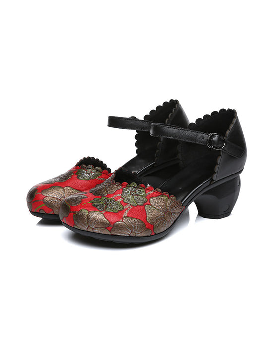 Flower Printed Leather Ankle Strap Chunky Heels Dec Shoes Collection 2022 79.00
