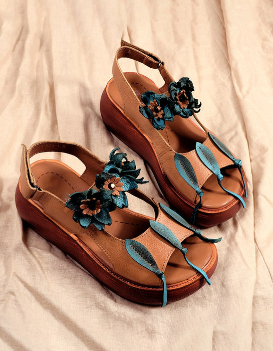 Flower Retro Leather Color Matching Beach Sandals