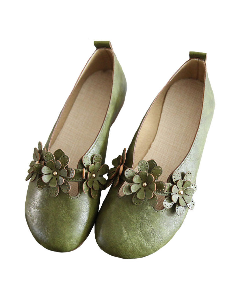 Handmade Leather Retro Women’s Soft Sole Flats with Flower Design