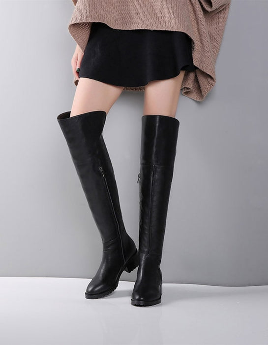 Genuine Leather Elegant Black Knee High Boots