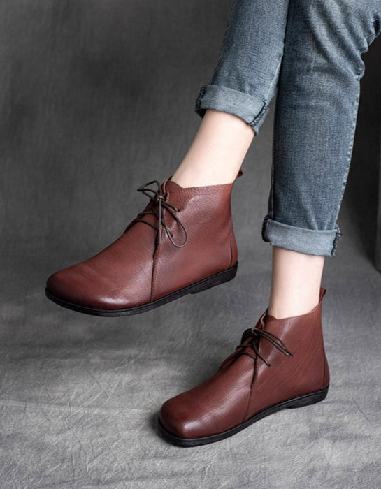 Genuine Leather Handmade Lace-Up Short Boots