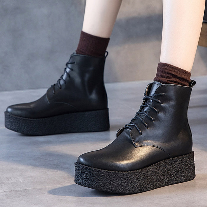 Genuine Leather Retro Women's Lace-Up Boots