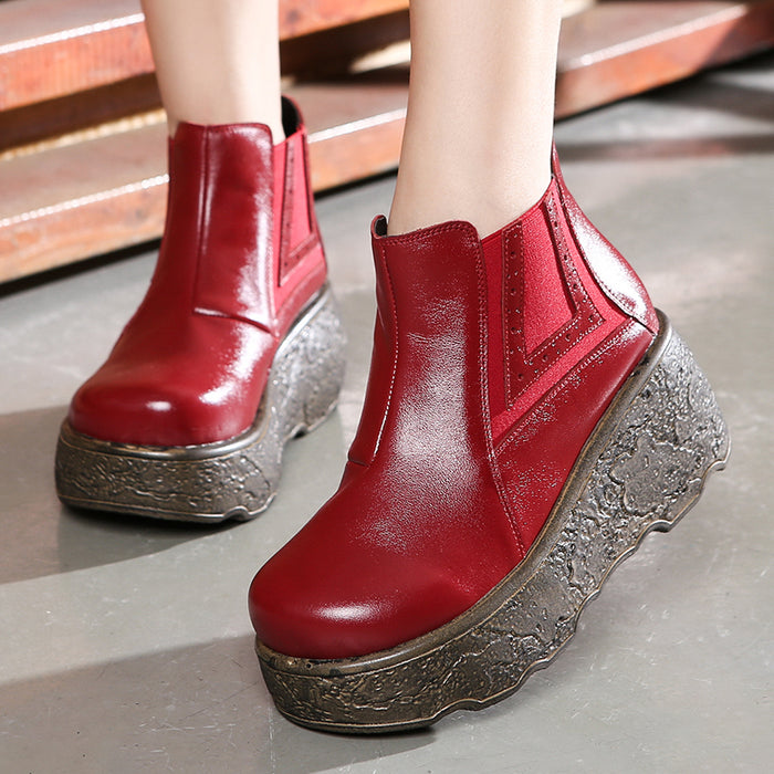 Gift Shoes Spring Autumn Leather Thick Short Boots / Red
