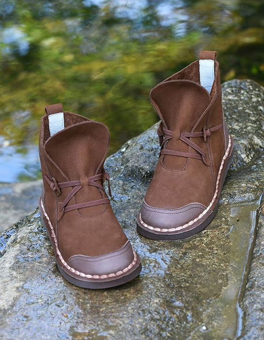Hand-stitched Retro Leather Lac-up Short Boots
