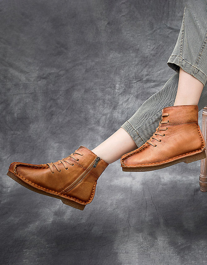 Lace-up Hand Stitch Leather Retro Boots — Obiono