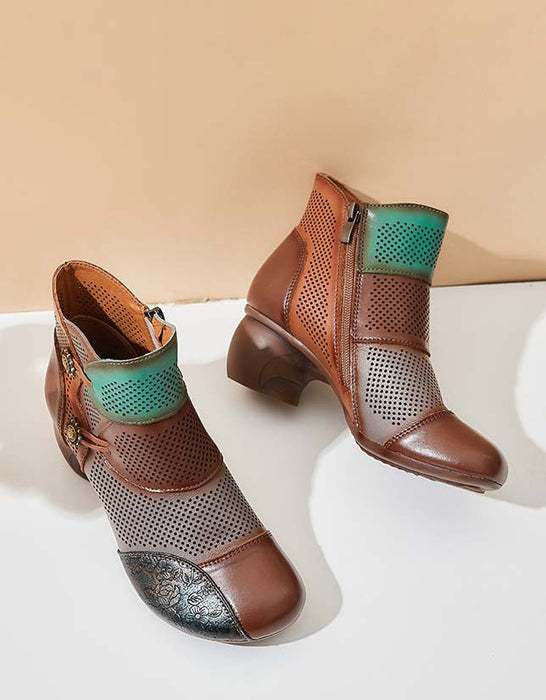 Handmade Color-block Hollow Vintage Chunky Booties March Shoes Collection 2022 85.00