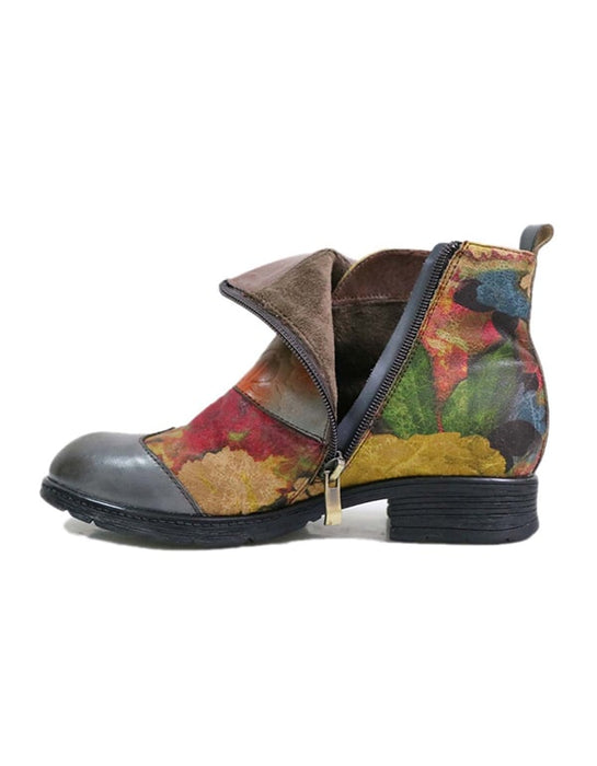 Handmade Ethnic Style Buckle Print Leather Ankle Boots