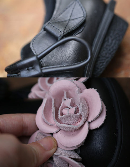 Handmade Flower Retro Leather Flats Black