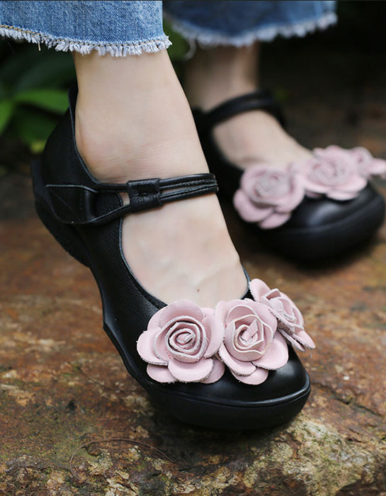 Handmade Flower Retro Leather Flats Black