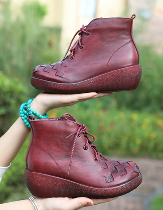 Leather Woven Lace-up Retro Platform Winter Boots