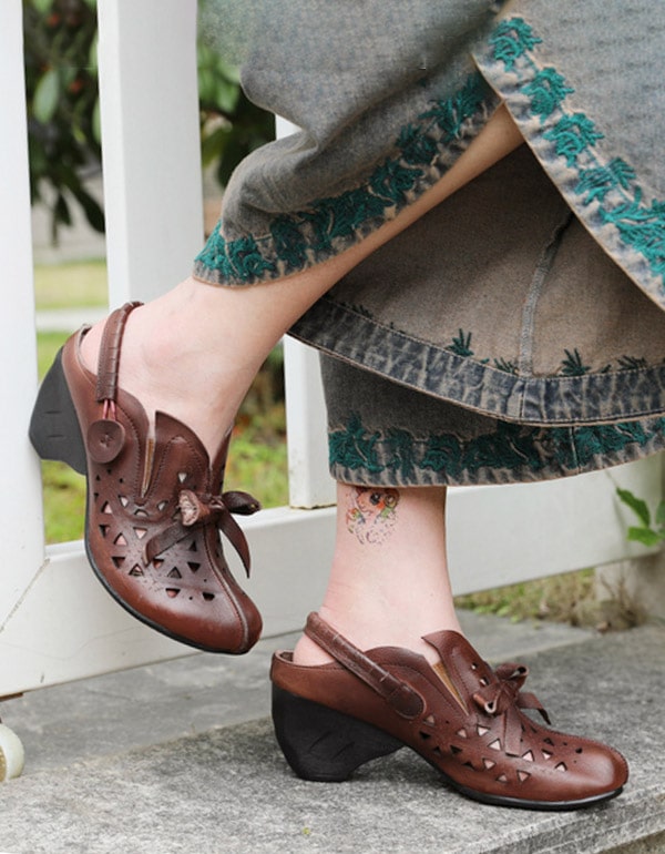 Handmade Leather Chunky Heels Retro Shoes — Obiono