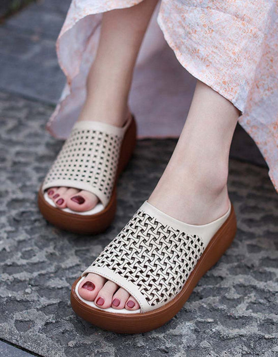 Handmade Leather Hollow Summer Wedge Slippers