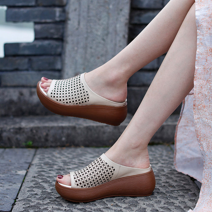 Handmade Leather Hollow Summer Wedge Slippers