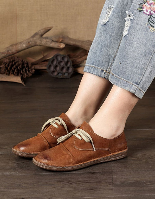Handmade Leather Lace Up Round Head Flat Shoes
