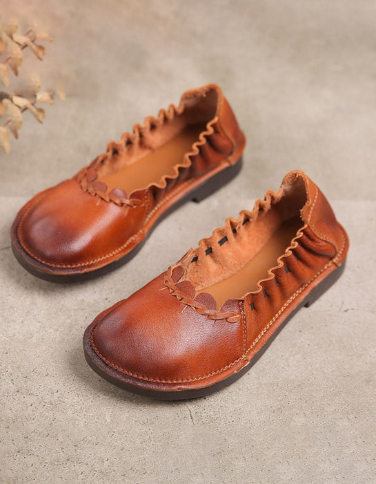 Handmade Pleated Leather Retro Flat Shoes