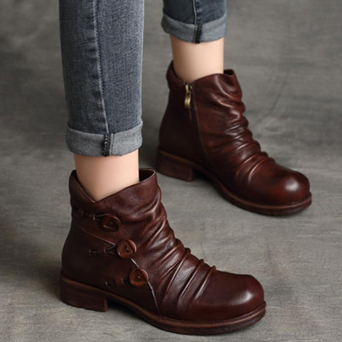 Handmade Pleated Retro Leather Women's Boots — Obiono