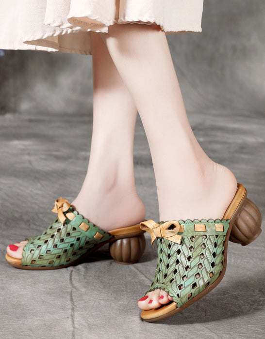 Handmade Retro Hollow Chunky Heels Slippers Green April Shoes Collection 2023 79.90