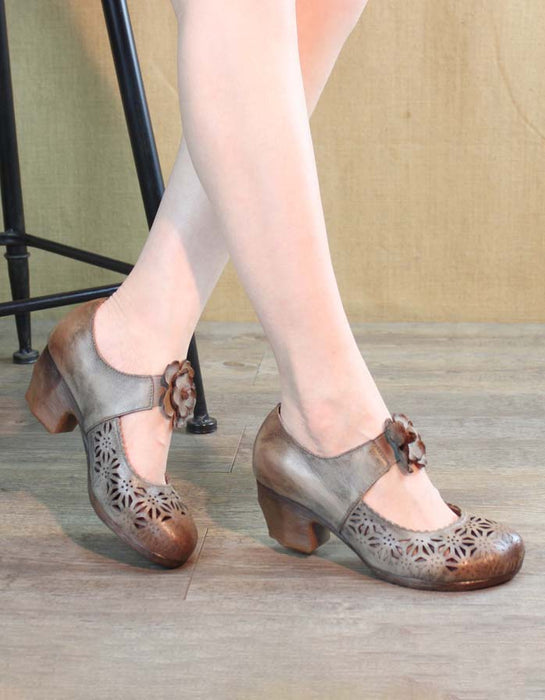 Handmade Retro Leather Hollow Flower Chunky Heels May Shoes Collection 2022 105.00