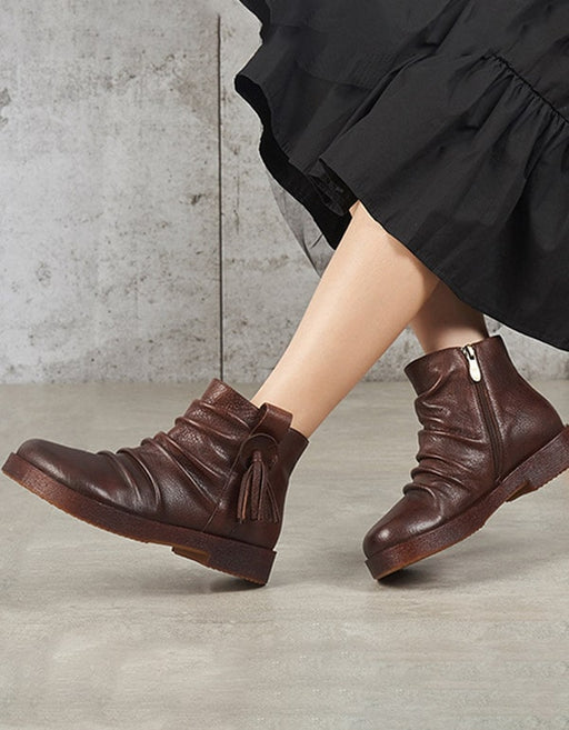 Handmade Retro Leather Women Roundhead Booties Dec New Trends 2020 76.50