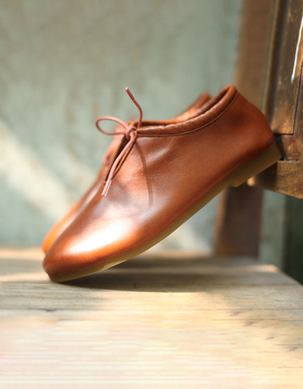 Leather Cowhide Pointed Feet Toe Handmade Shoes Flat Brown