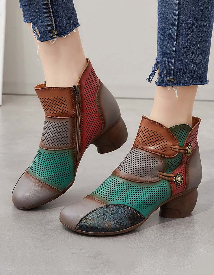 Handmade Color-block Hollow Vintage Chunky Booties — Obiono