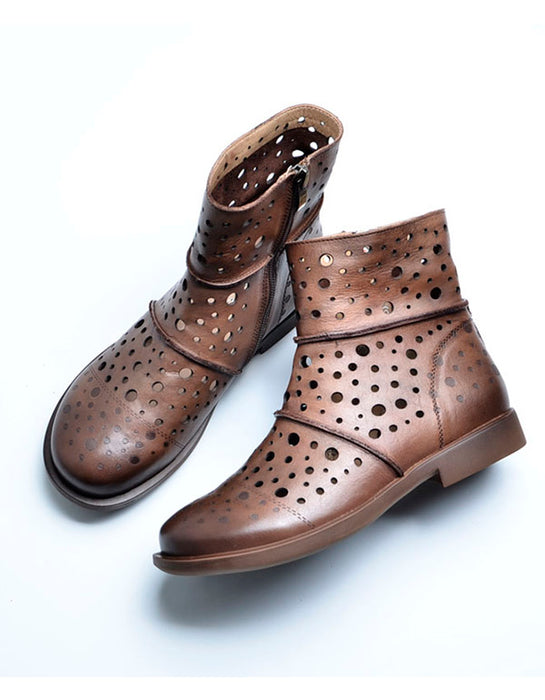 Botas cortas de cuero retro huecas para mujer